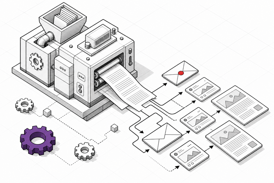 Content and email engine producing emails, posts, and articles