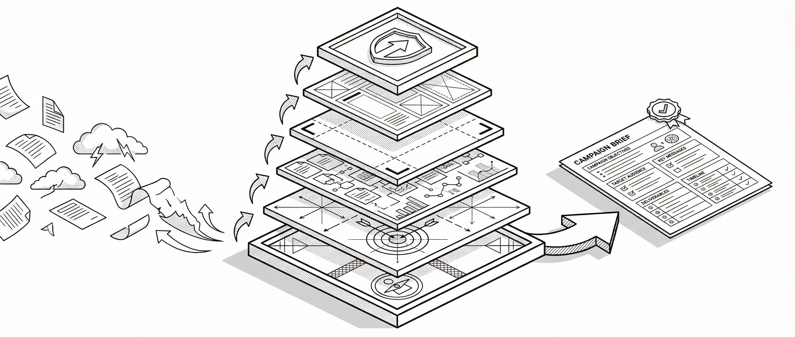 The Context Stack — 6-layer architecture: unstructured input flows through six organized layers and emerges as ship-ready output