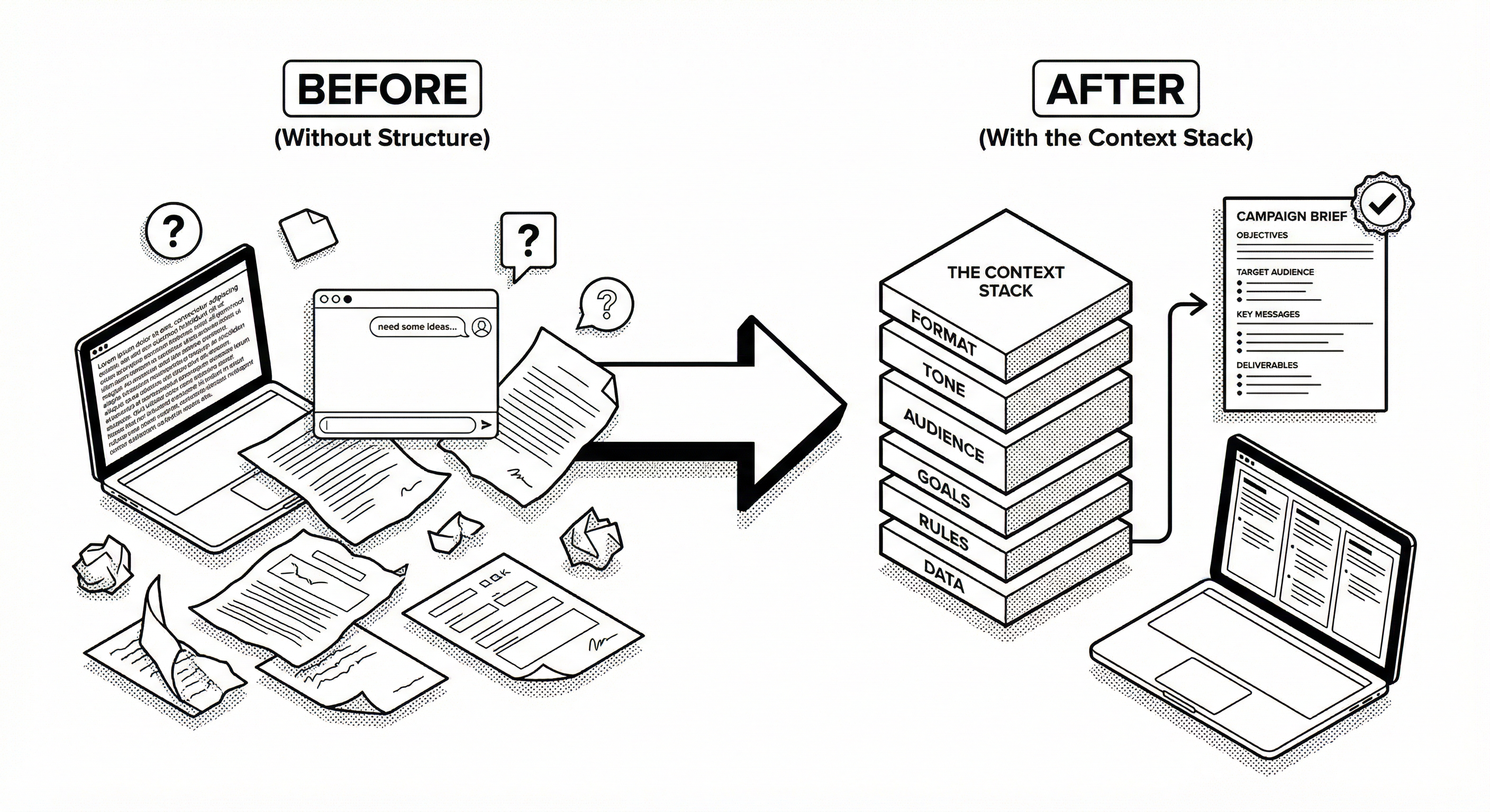 Before: generic wall of text. After: structured, specific output.